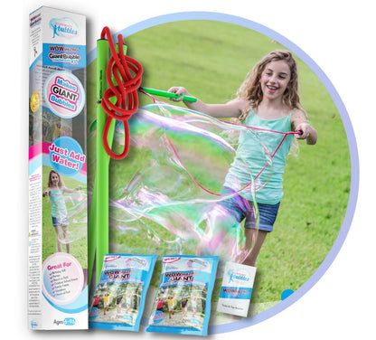 WOWmazing Giant Bubble Wands Kit: (4-Piece Set) | Incl. Wand, Big Bubble Concentrate and Tips & Trick Booklet | Outdoor Toy for Kids, Boys, Girls |