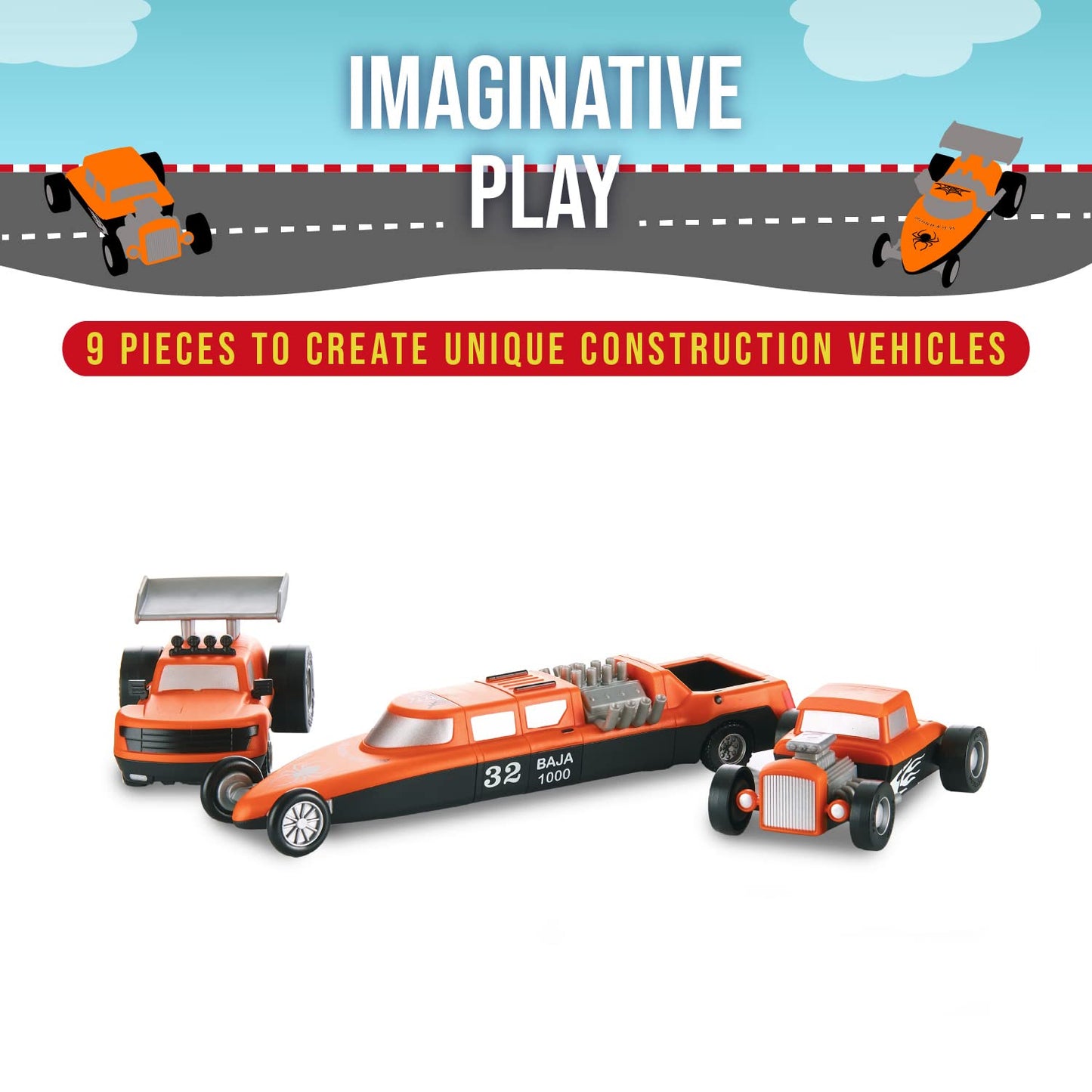 POPULAR PLAYTHINGS Magnetic Vehicles for Toddlers 1-3, Mix or Match Car Toys, Set of 3 Gift for Kids - Race Cars