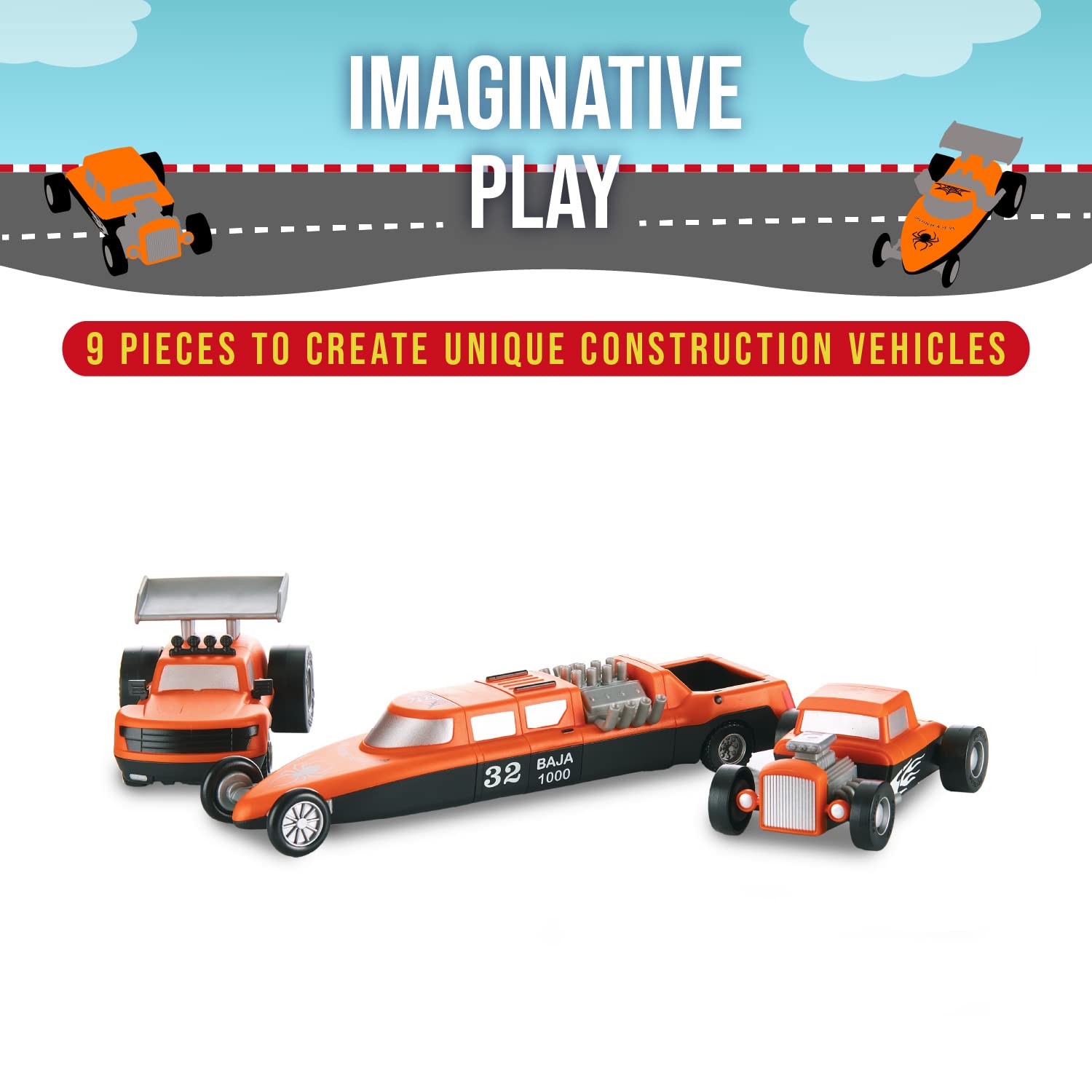 POPULAR PLAYTHINGS Magnetic Vehicles for Toddlers 1-3, Mix or Match Car Toys, Set of 3 Gift for Kids - Race Cars