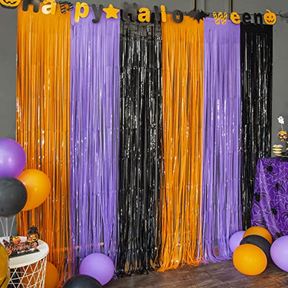 LOLStar Halloween Orange Purple Black Foil Fringe Curtains 3 Pack