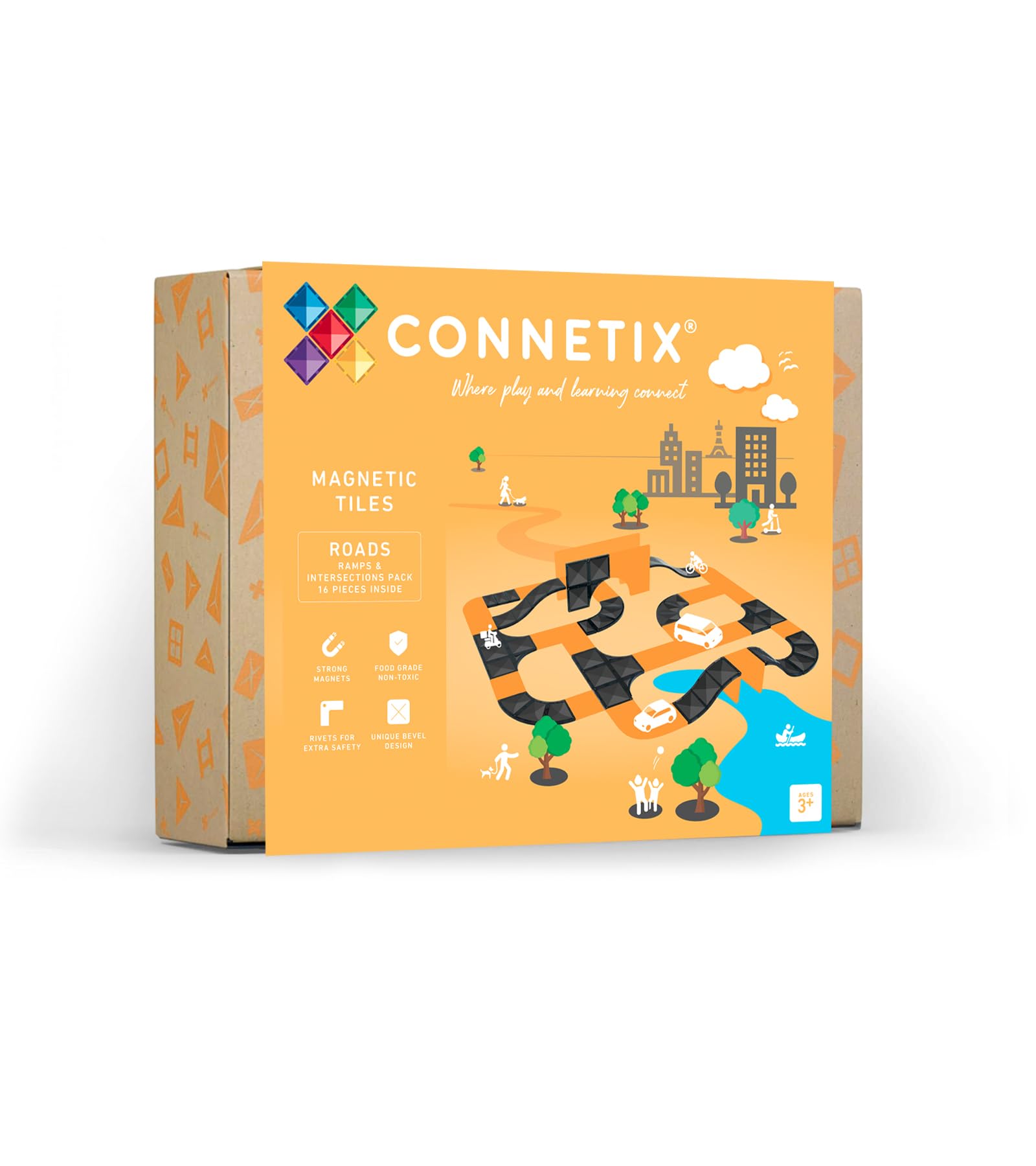 CONNETIX Magnetic Tiles Roads Ramps & Intersections Pack, 16 Pieces