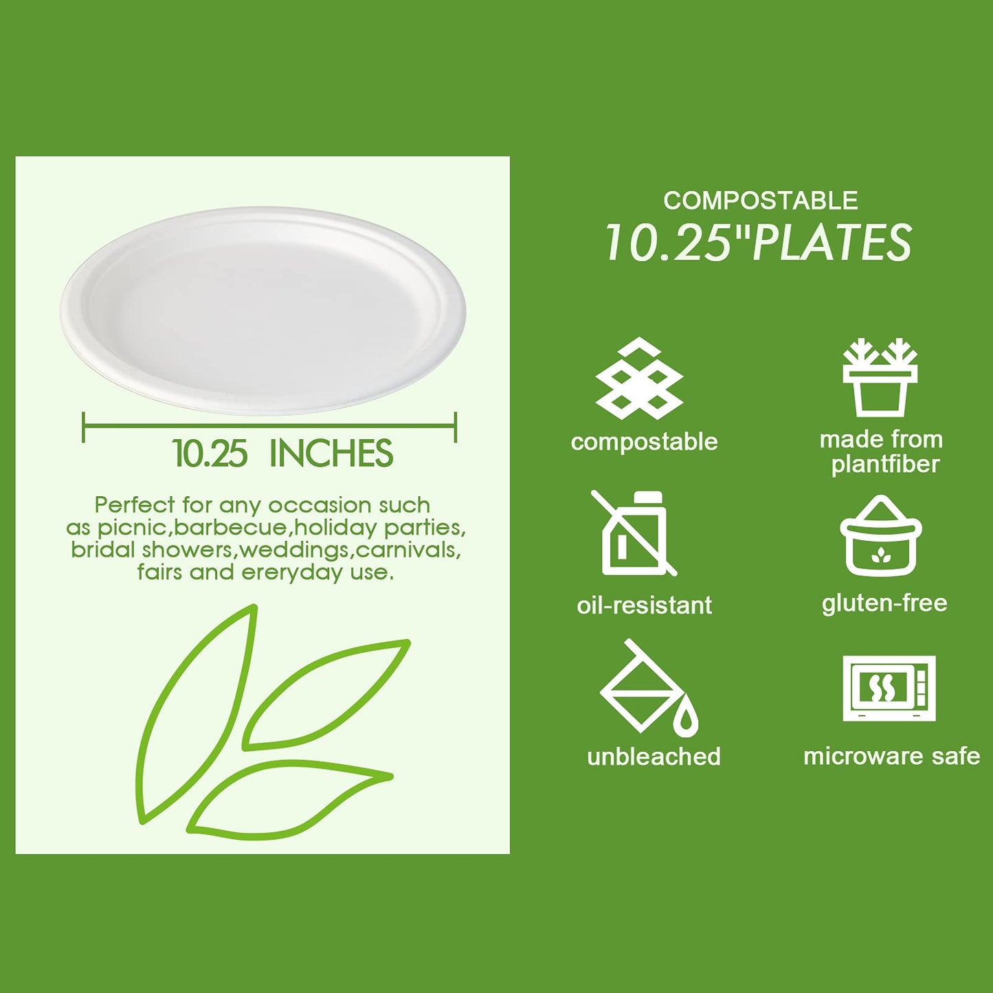 Vplus 150 Pack Compostable Disposable Paper Plates 10.25 inch Super Strong Paper Plates 100% Bagasse Natural Biodegradable Eco-Friendly