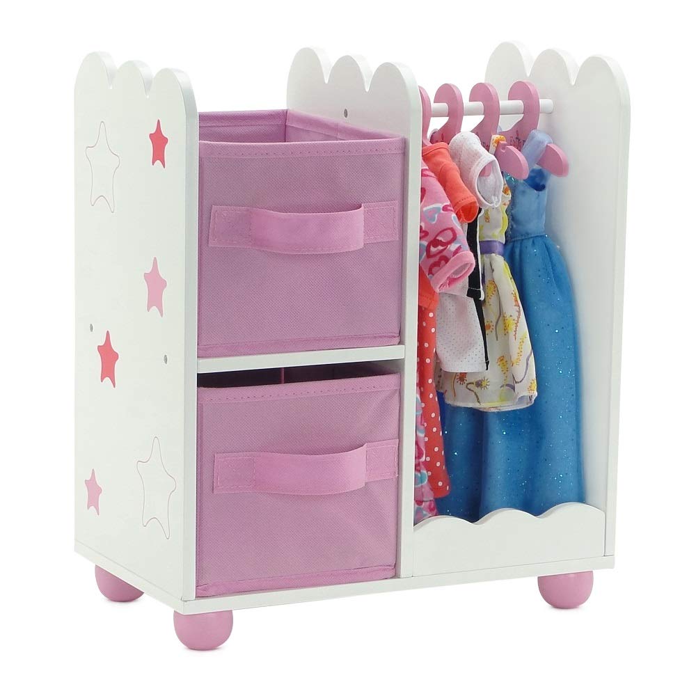 Emily Rose 14 Inch Doll Furniture - Open Wardrobe Closet with Hangers & Storage Bins - Wooden Organizer for Wellie Wishers, Glitter Girls & 14” Dolls