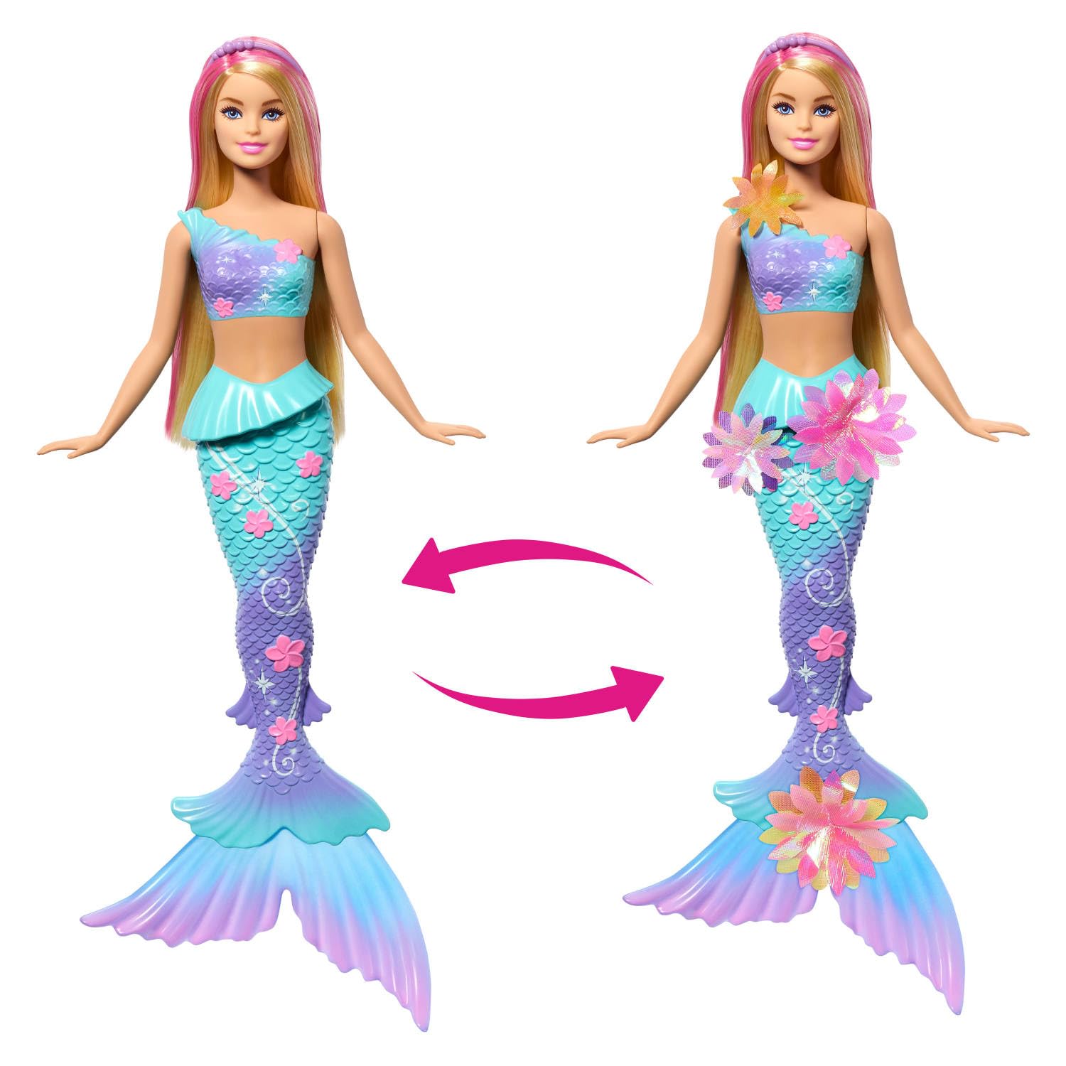 Barbie Mermaid Toy Dolls with Surprise Magic Blooming Flowers Feature, Ombre Tails, Pearl Headband Accessory & Long Blonde Hair with Pink Highlights