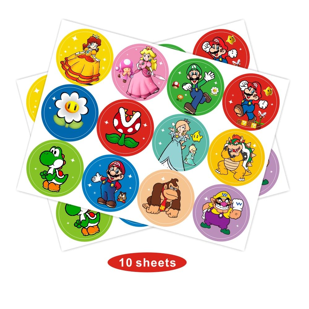 120pcs Mario Round Stickers, Mario Party Supplies for Kids Birthday Decorations - 10 Sheets