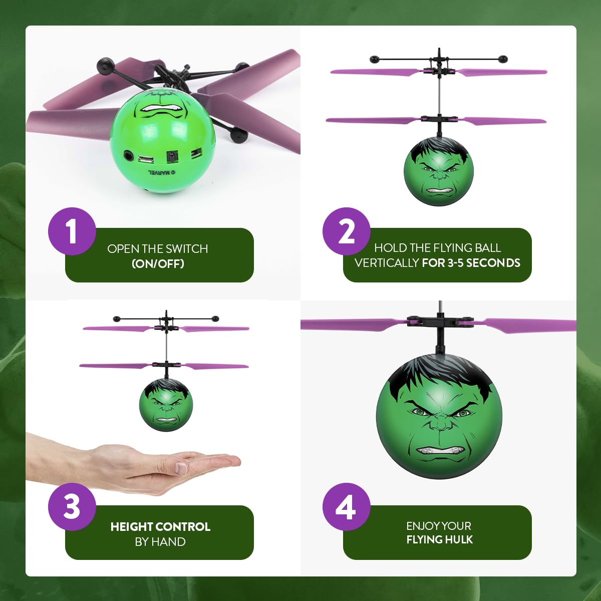 World Tech Toys Marvel Hulk Flying Toy - Motion Sensing Flying Ball with USB Charging - Marvel Licensed - Indoor/Outdoor Drone for Kids Ages 6+