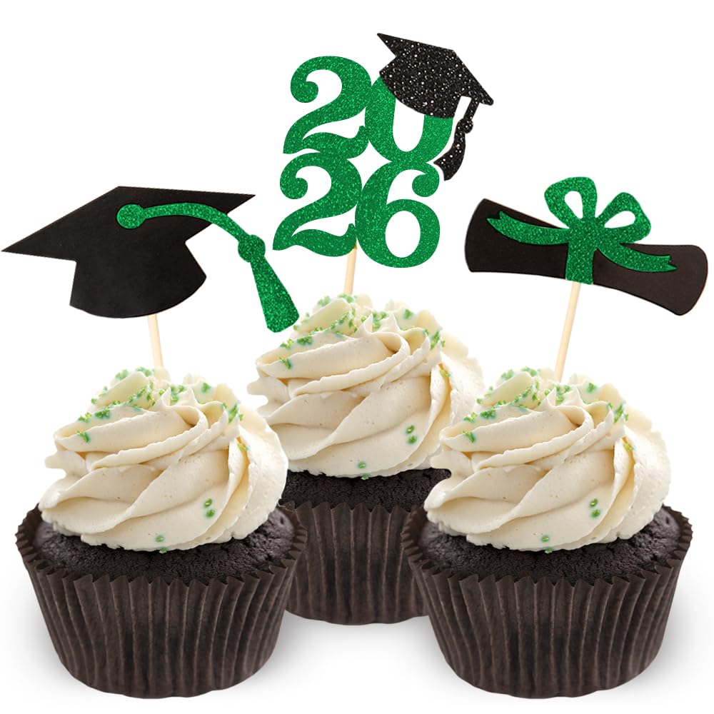 2026 Green Glitter Graduation Cupcake Topper