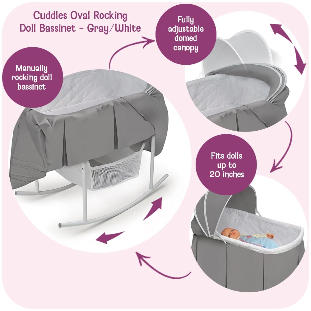 Badger Basket Cuddles Doll Bassinet with Canopy - Fits 18 to 20 Inch Dolls, Includes Storage Basket and Bedding - Pretend Play Nursery Bed for Kids