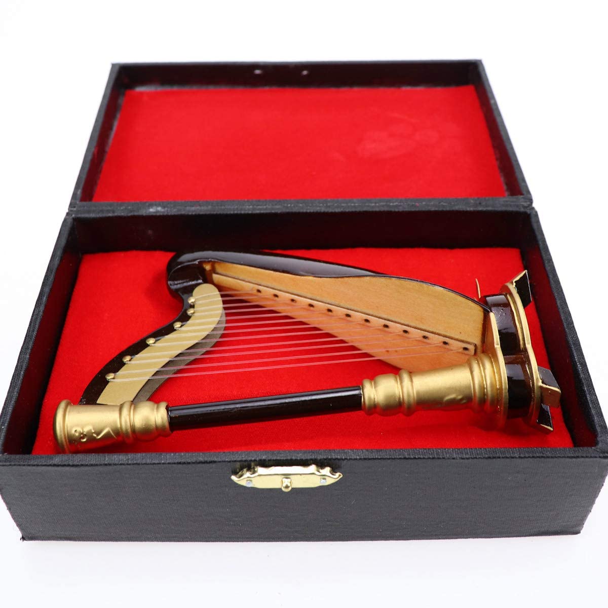 Dselvgvu Wooden Miniature Harp with Case Mini Musical Instrument Harp Replica Collectible Figurines Dollhouse Accessories Model Home Decoration