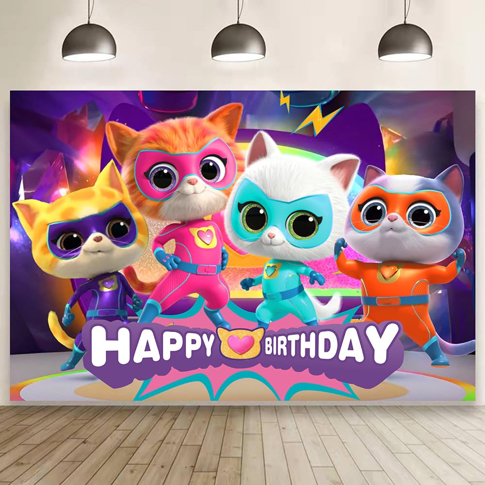 Super Cats Birthday Decorations,Super Cats Happy party Banner Backdrop for Kids Birthday Party Supplies (5x3ft)