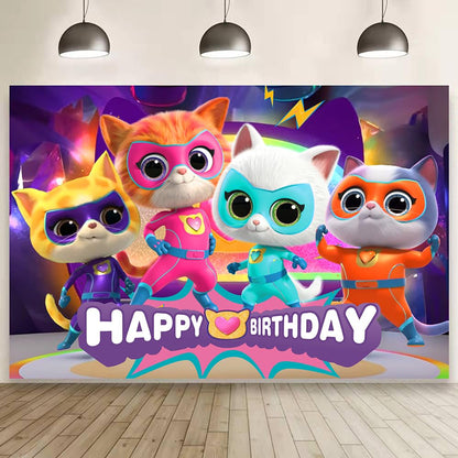 Super Cats Birthday Decorations,Super Cats Happy party Banner Backdrop for Kids Birthday Party Supplies (5x3ft)