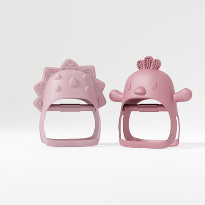Baby Teether Pack of 2 Wearable teether Pink Pacifier Teether Toy - Little Chick Teether Mini Dino Teether - Rose Pink Teether and Turkish Pink by