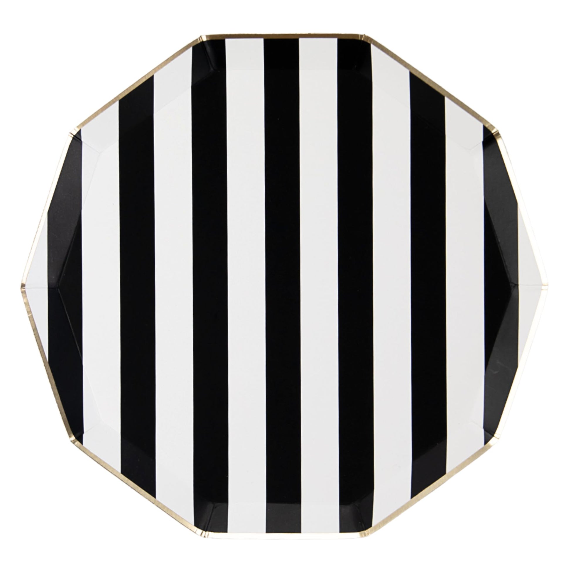 Bonjour Fête Black Cabana Stripe Party Plates | Gold Foil Sturdy Disposable Plate for Holiday & Tailgate Parties | Large Lunch & Dinner Plate | Pack