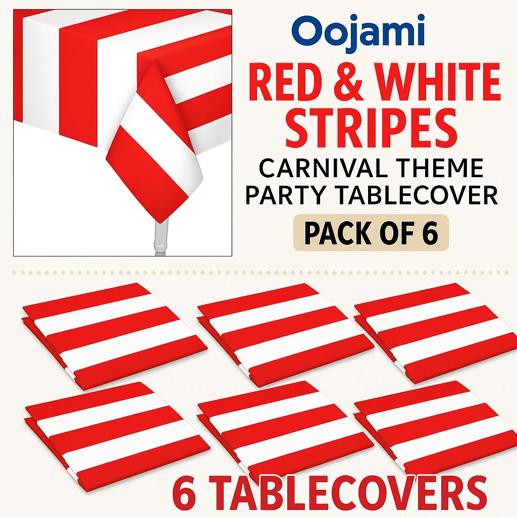 Oojami Carnival Theme Tablecloths 6 Pack - Red and White Striped Plastic Disposable Table Covers 54 x 108 Inch for Circus Party Decorations, Birthday