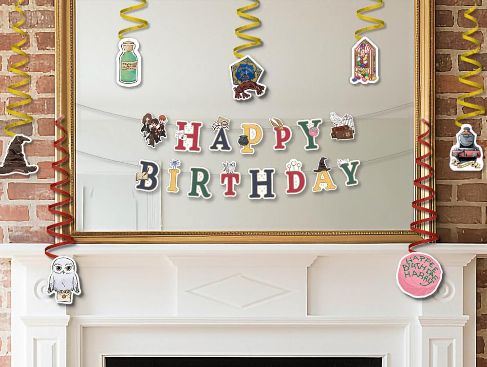 ConQuest Journals Harry Potter Birthday Party Garland & Hanging Decorations Set, Wizarding World HAPPY BIRTHDAY Banner (72"), 14 Hanging Decor Pieces