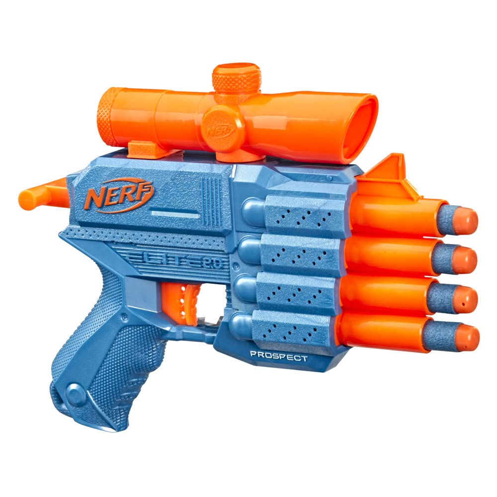 Nerf Elite 2.0 Prospect QS-4 Blaster, 8 Official Nerf Elite Darts, 4-Dart Blasting, Nonremovable Targeting Scope, Pull-Back Priming