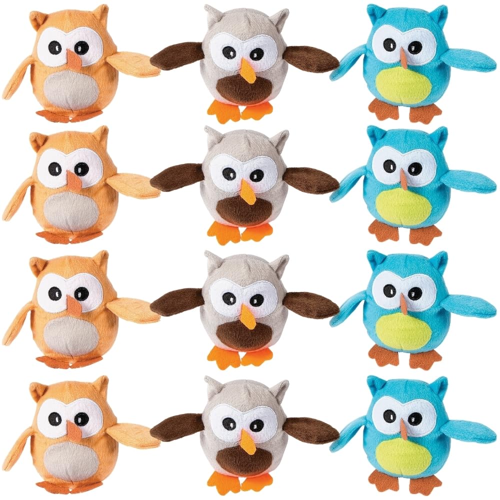 Fun Express 4” Mini Plump Plush Owls - Bright Colors - Adorable Stuffed Animal Toys for Kids, Party Favors, and Collectibles - 12 Pieces