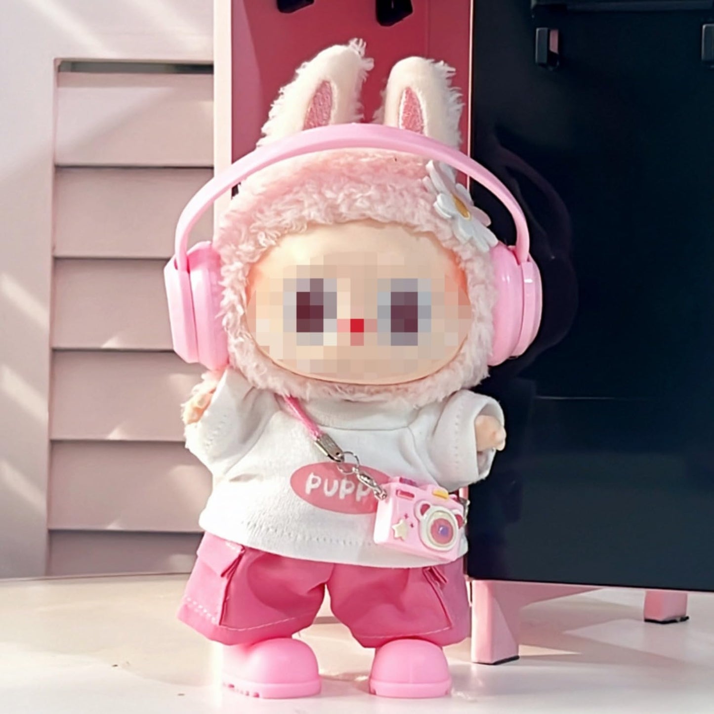 for Labubu Dolls Cute Puppy Themed Sporty Casual Outfit - Includes White T-Shirt Shorts Headphones and Shoes (Pink Set with Camera and Headphone)