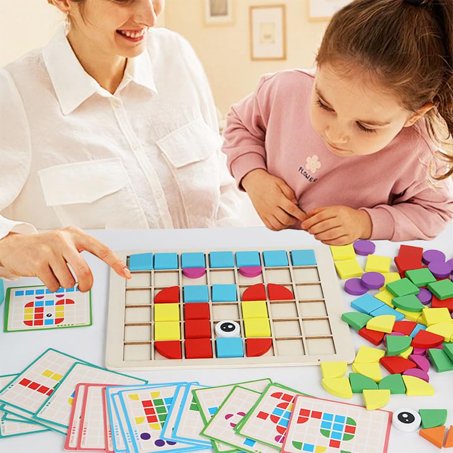 120 PCS Wooden Matching Puzzle Games, Classic Wooden Geometric Shape Toys