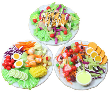 ThaiHonest Set 3 Assorted Dollhouse Miniature Salad,Tiny Food On Ceramic Plate, Dollhouse Accessories for Collectibles