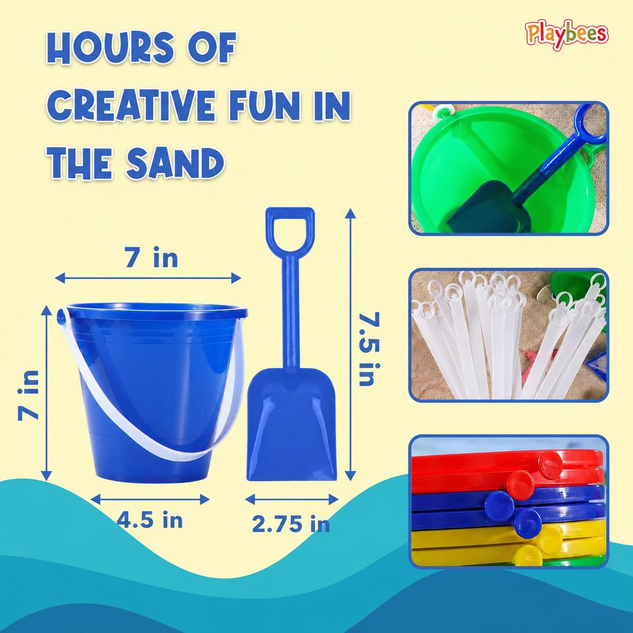 Playbees 24-Piece Beach Bucket and Shovel Set for Kids, Includes 12 Colorful 7-Inch Sand Pails and 12 Matching 7.5-Inch Shovels, Sandbox Toys
