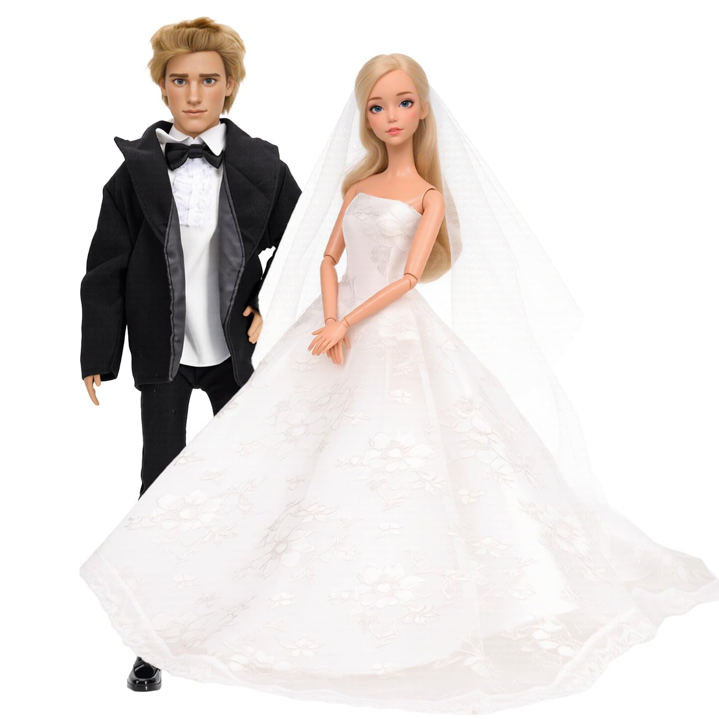 BARWA Wedding Set White Wedding Dress with Veil and Formal Suit Outfit for Boy & Girl Dolls