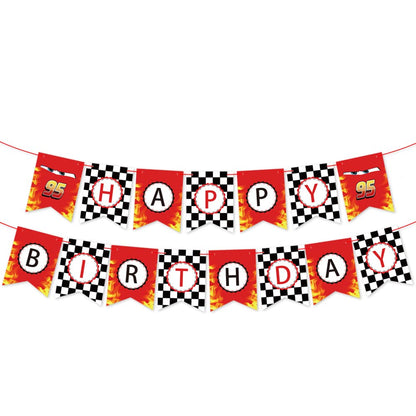 Race Car Birthday Banner - Let's Go Racing with Checkered Flag Themed Party Supplies