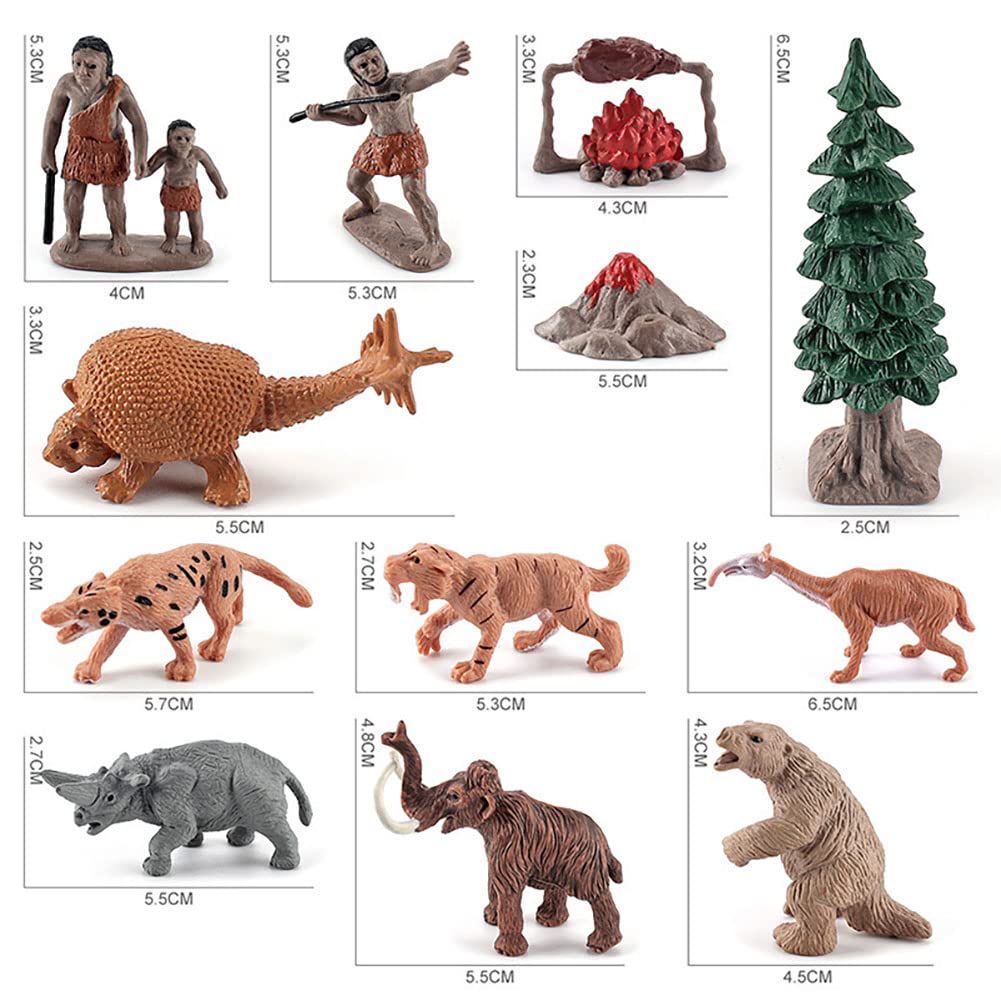 BLAPNK Realistic Prehistoric Animal and Primitive Figurines Moodel Toy 12 Pcs Ancient Smilodon Mammoth Human Figures Collection Playset Educational