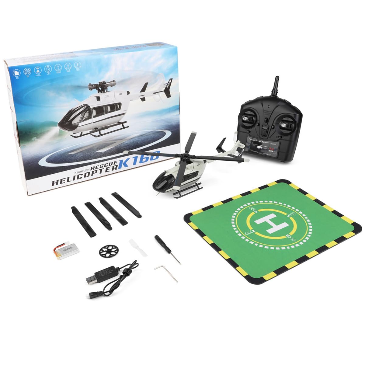 ConGamefun RC Helicopter, WL-K160 EC-145 160-Class 2.4G 4CH 4-Propeller Flybarless Scale RC Helicopter Model with Adjustable Left/Right-Hand Throttle