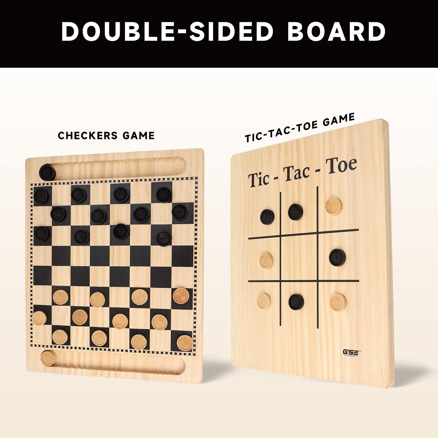 GSE Games & Sports Expert 2-in-1 Reversible Natural Wood Checkers and Tic-Tac-Toe Board Combo Set with Game Pieces, Family Game for Kids & Adults