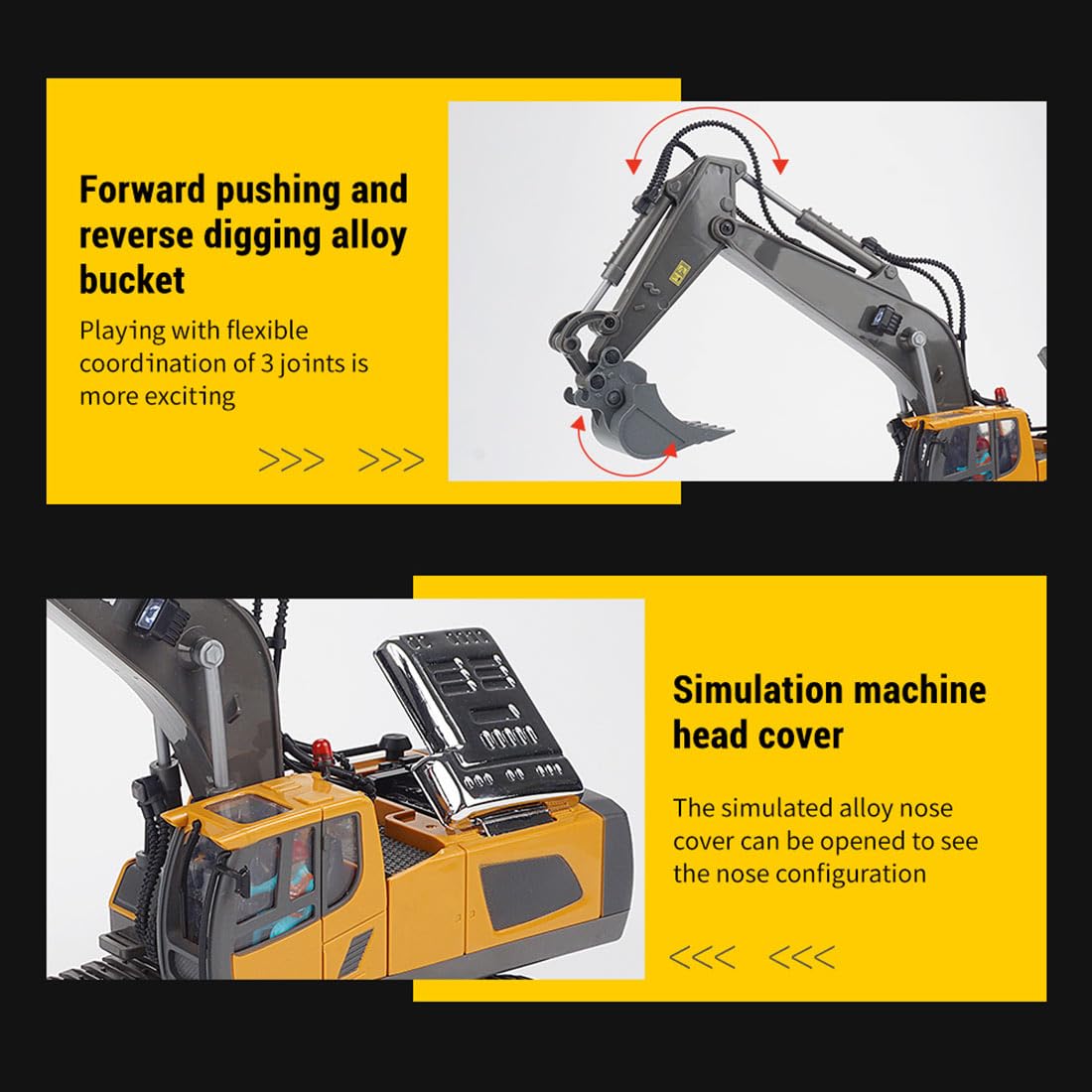 RCTRORCARY Remote Control Excavator Digger with Lights and Sound Effects, 1:20 2.4G 11CH Alloy Construction Vehicles, 360° Rotation Construction Car