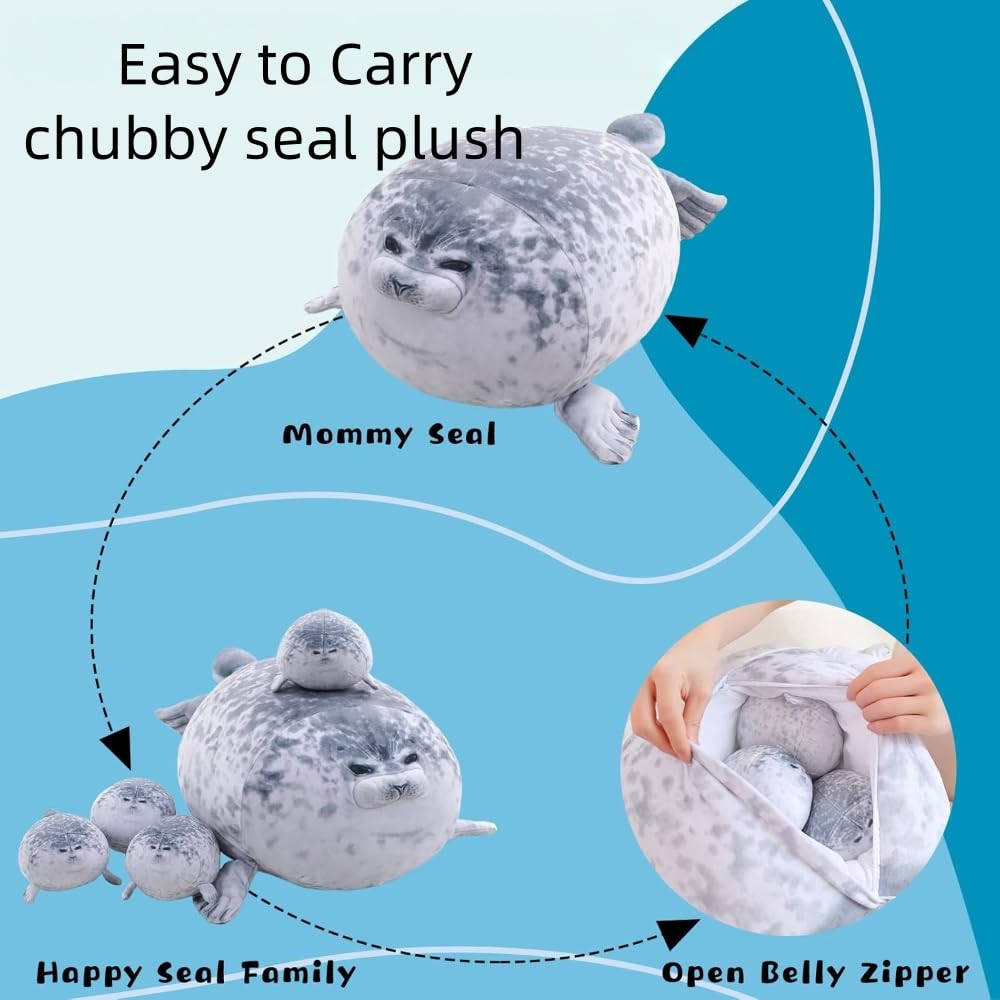 TONGMAN 19.6Inch - Chubby Blob Seal Pillow Cute Seal Plush with 4 Baby Plushies in Her Tummy, Soft Cotton Stuffed Animals Toy - Kids Gifts