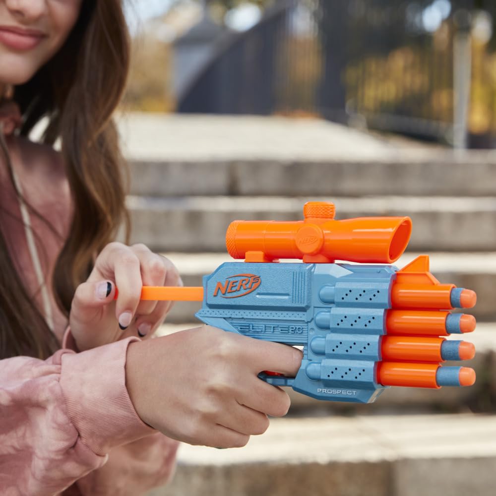 Nerf Elite 2.0 Prospect QS-4 Blaster, 8 Official Nerf Elite Darts, 4-Dart Blasting, Nonremovable Targeting Scope, Pull-Back Priming