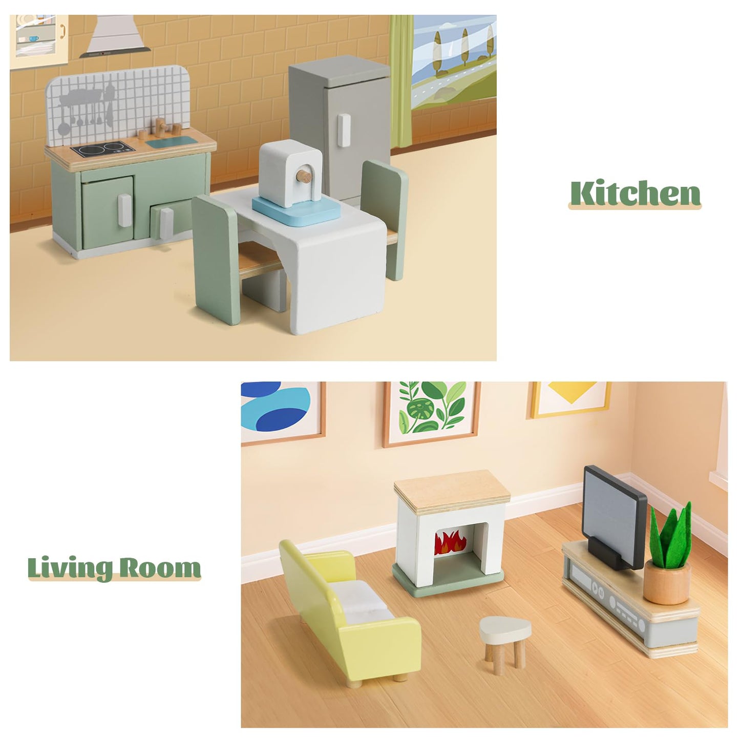 23PCS Wooden Dollhouse Furniture Set for 5 Rooms, Miniature Doll House Accessories & Furniture Toys for Toddlers, Indoor Scenes Pretend Play Toy