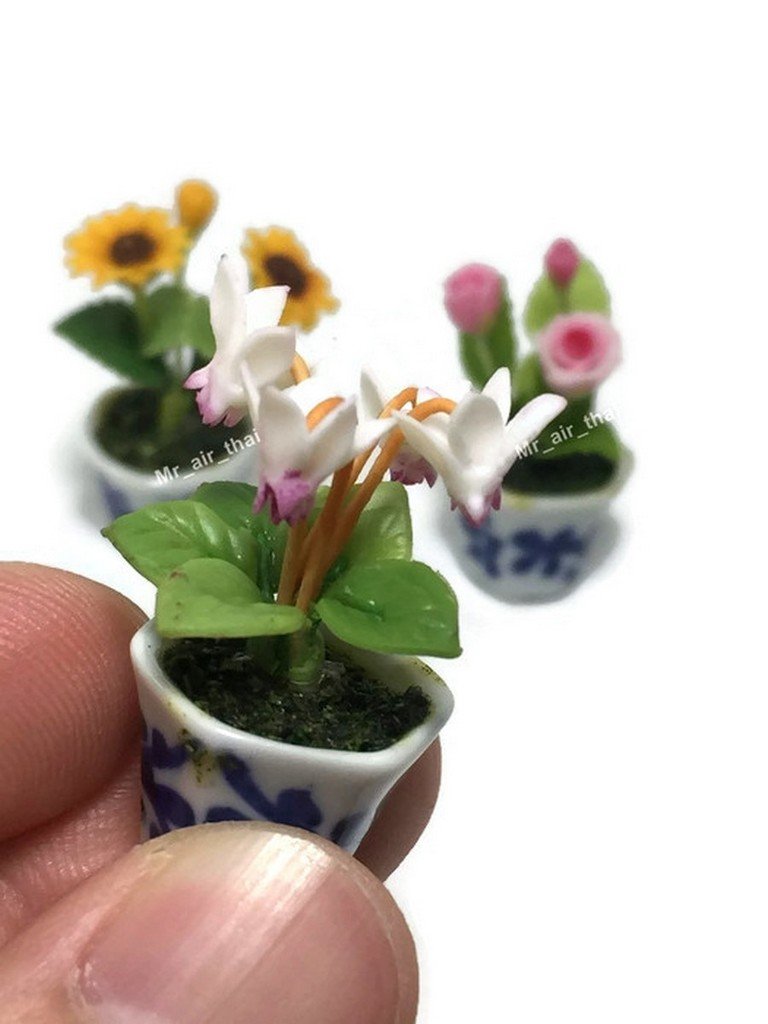 3pc Miniature Flower Clay Dollhouse Fairy Garden Mini Plant Trees Ceramic Paint Furniture Bundles Artificial Flowers Tiny Orchid #085