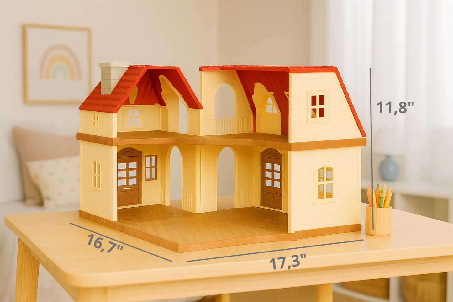 OLEOCA Family Grand Doll House - Light-Up 2-Story Cozy Cabin with Furniture & Bunny Figure, Complete Dollhouse Playset for Creative Pretend Play, Gift