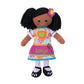 Personalized Planet Rag Doll with Custom Name Embroidered | Black Girl Dressed in Floral Skirt with Stripped Stockings and Pink Apron | Black Hair
