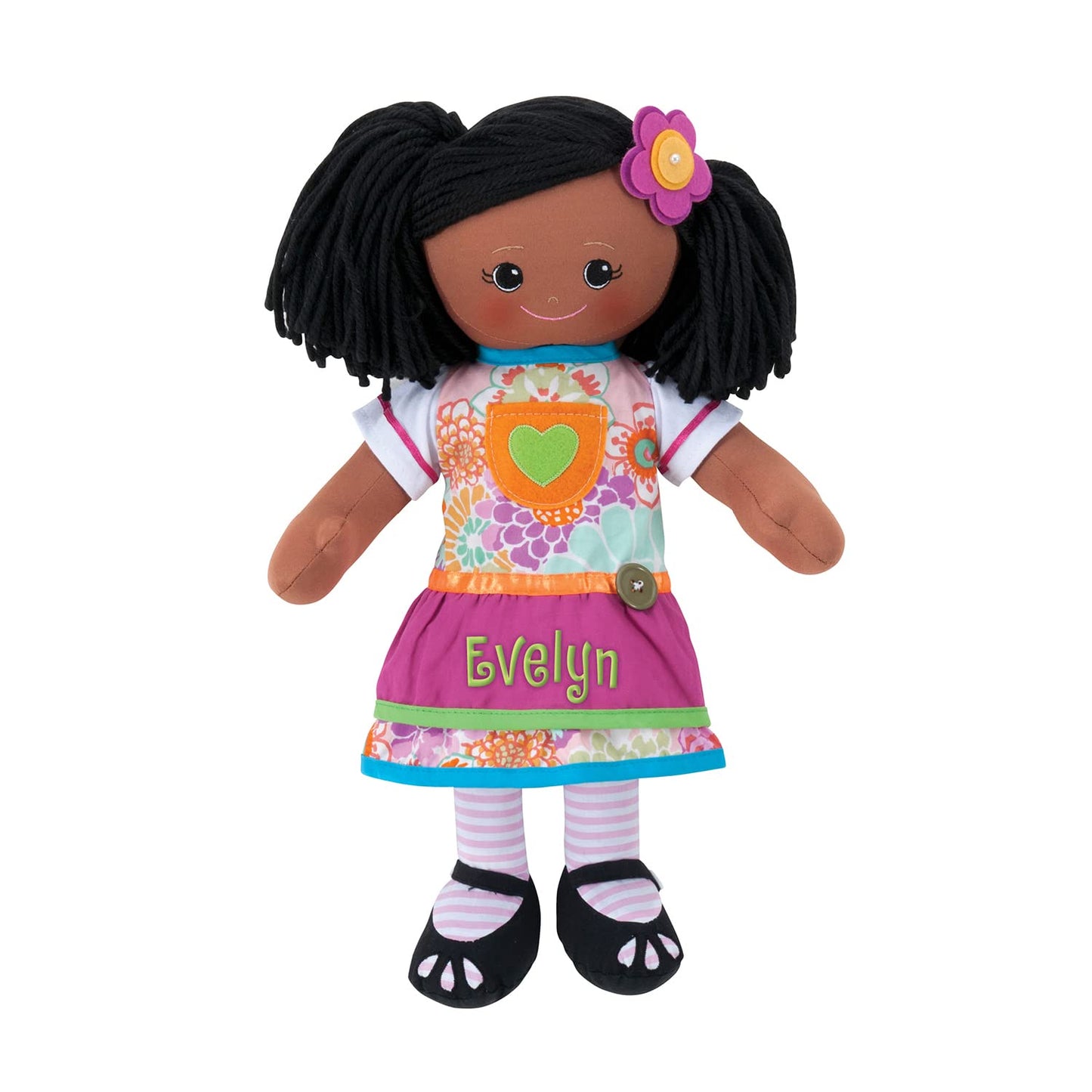 Personalized Planet Rag Doll with Custom Name Embroidered | Black Girl Dressed in Floral Skirt with Stripped Stockings and Pink Apron | Black Hair