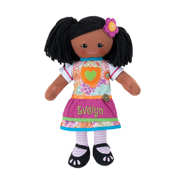 Personalized Planet Rag Doll with Custom Name Embroidered | Black Girl Dressed in Floral Skirt with Stripped Stockings and Pink Apron | Black Hair