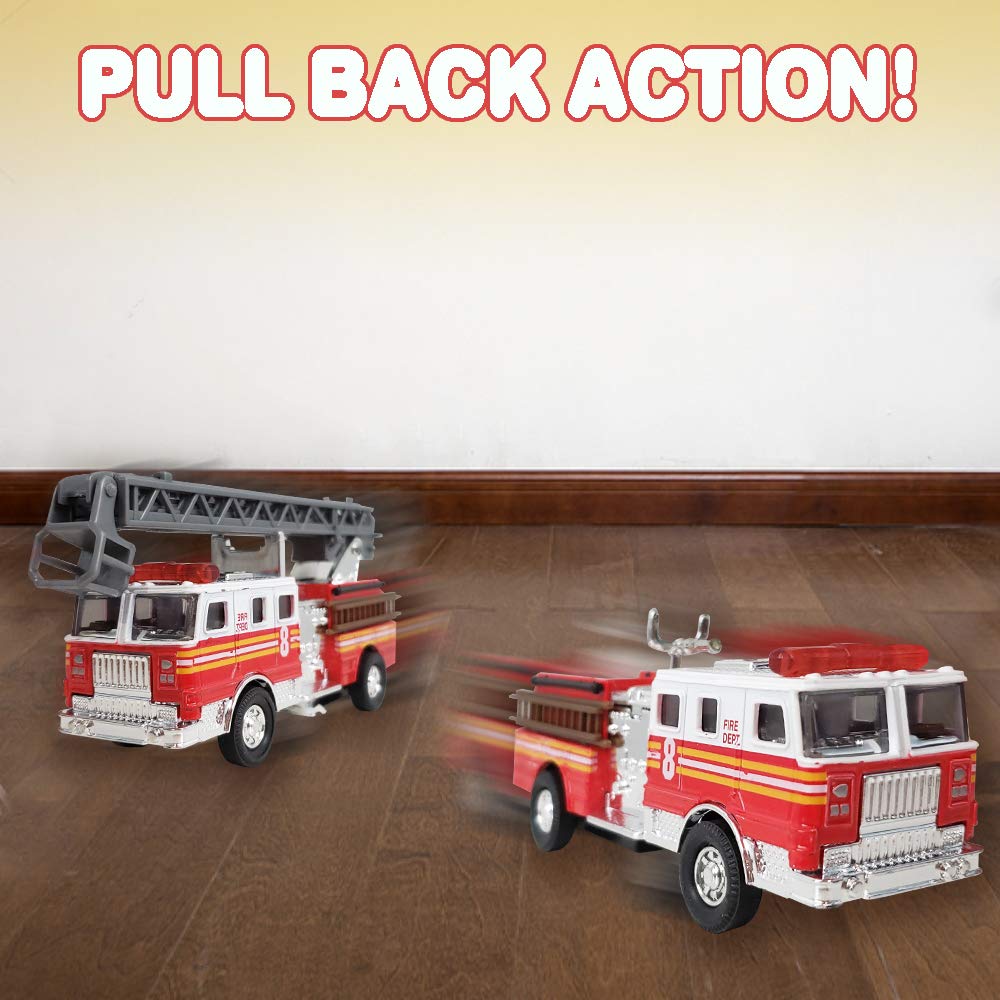 ArtCreativity 5.5 Inch Fire Truck Toys - Set of 2 - Pull Back Firetruck Toys 3-5 Years Old Boys and Girls - Includes Metal Ladder Truck and Fire