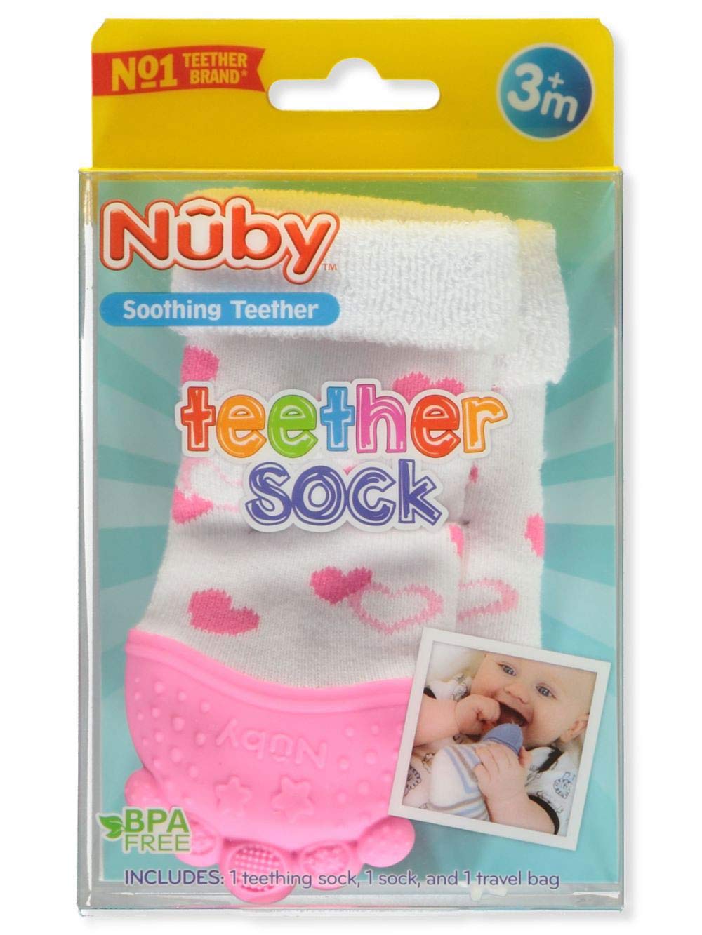 Nuby Soothing Teether Sock, Pink Hearts, 5"
