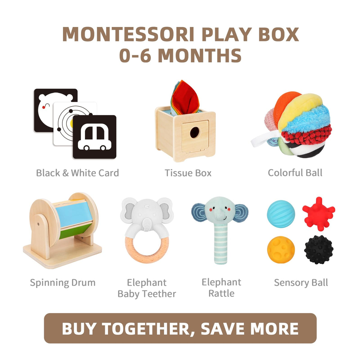 OOOK Montessori Toys 0-6 Months, Montessori Toy Set, 7 in 1 Newborn Baby Toys with Spinning Drum, Tissue Box Toy, Sensory Balls, Contrast Cards