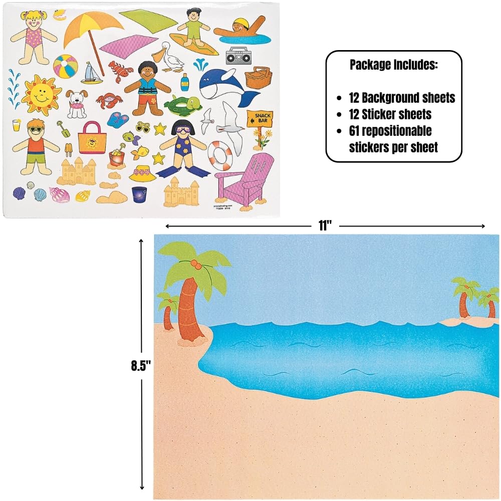 Day at The Beach Sticker Scenes - Makes 12, Includes Stickers and Backgrounds - Make A Scene for Kids