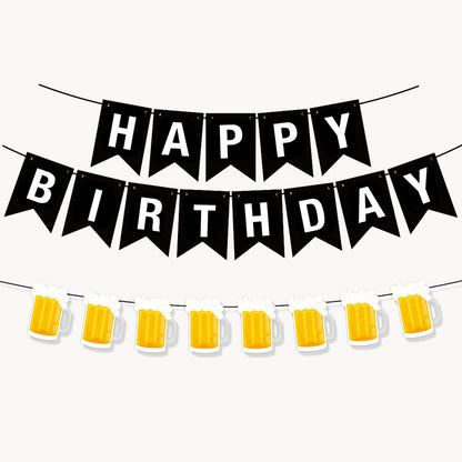 BIEUFBJI Beer Birthday Banner With Mug Pennant - Black and White Happy Birthday Decorations for Men and Women