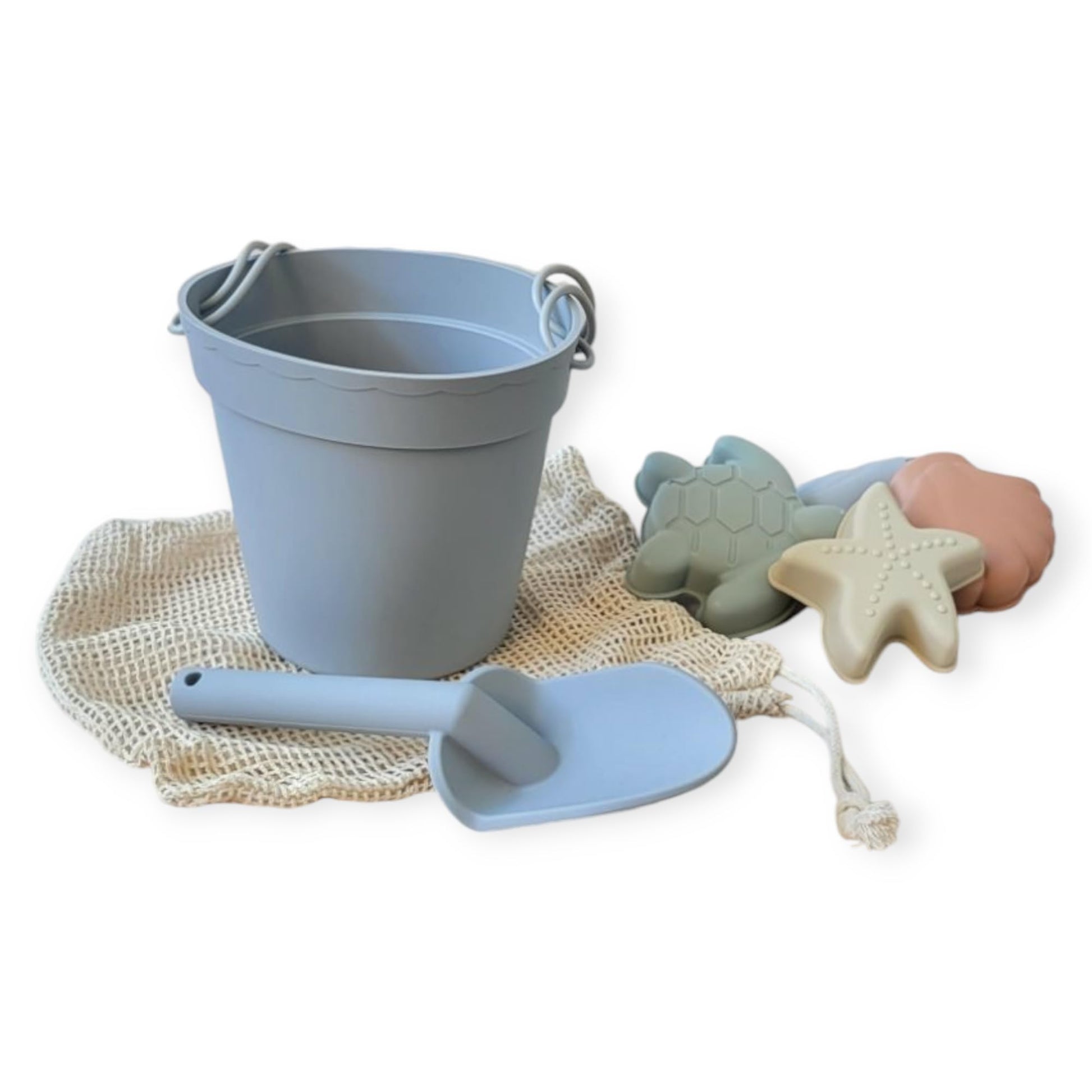 Silicone Beach Toy Set, 7 Pieces with Bucket, Shovel, Molds, Net Bag