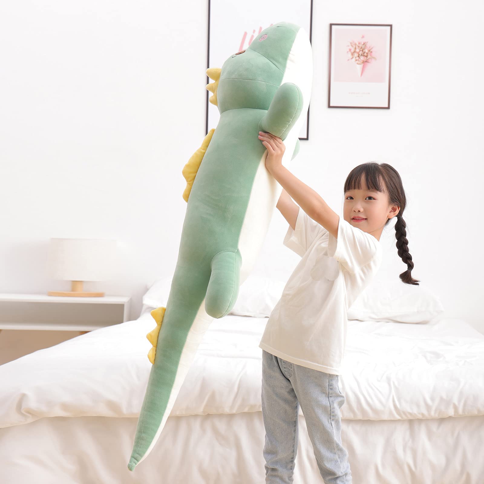 Tianmihou 52 Inch Giant Dinosaur Plush Pillow, Jumbo Green Dinosaur Stuffed Animal, Soft Long Dino Body Pillow for Kids Boys Girls, Huge Dinosaur