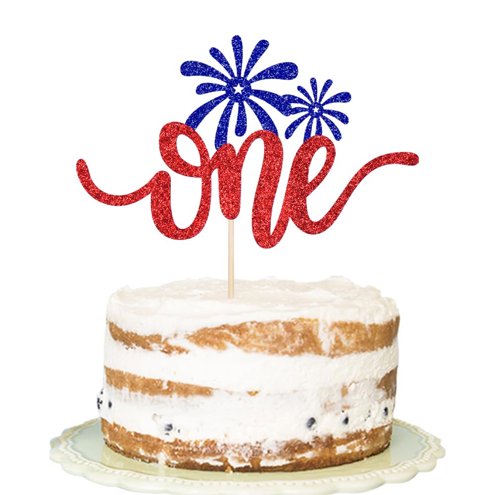 One Cake Topper Red & White & Blue Glitter- 4th of July 1st Birthday Decorations,4th of July Baby Shower Decor/American National Independence Day