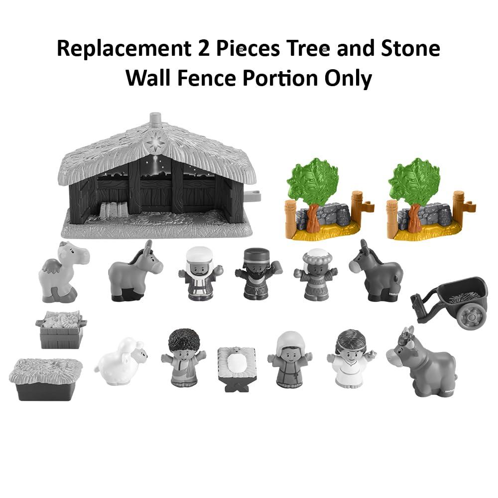 Fisher-Price Replacement Parts Little People Nativity Set HMX70 - 2 Pieces Tree and Stone Wall Fence Portion - Clips onto Stable Manger