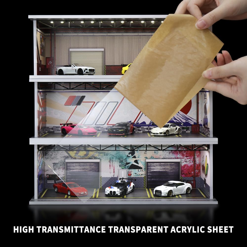 G-FANS 1/64 Scale Hot die-cast Wheels Model car scenarios Display case with LED Light and Acrylic Cover, Scenes Parking lot Diorama Storage Garage Box