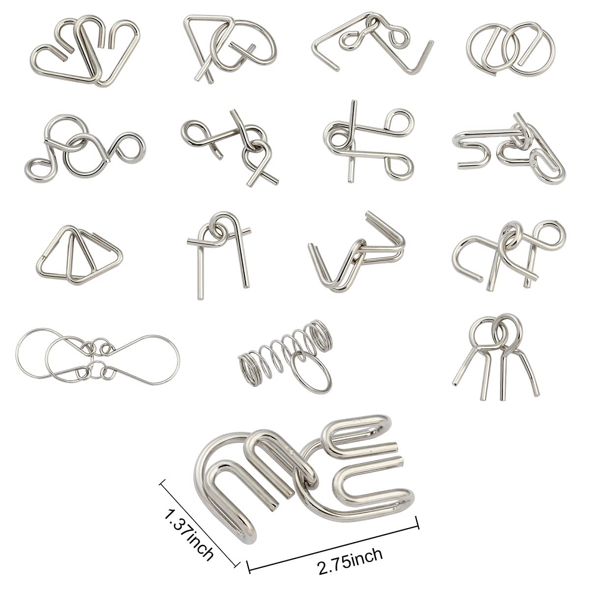 Lezhi IQ Toys-AB A+B Test Mind Game Brain Teaser Wire Magic Trick Toy IQ Puzzle Set (Pack of 16), Metallic
